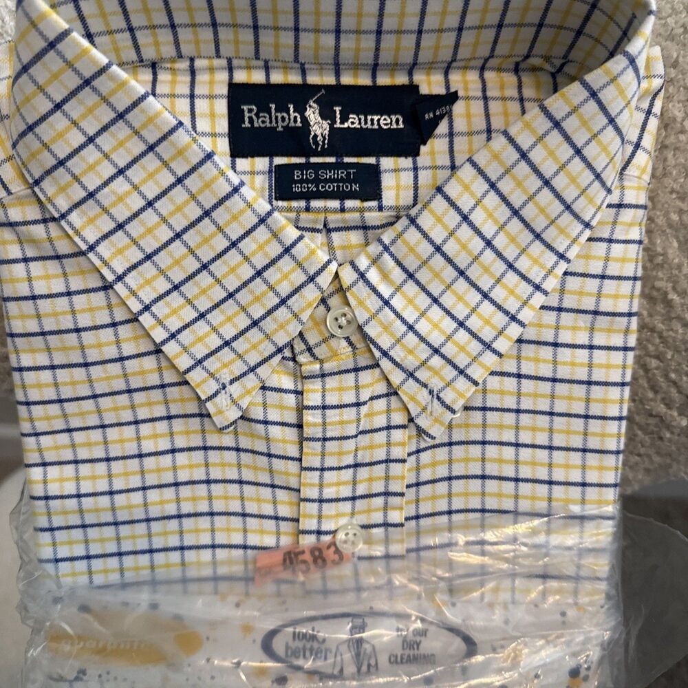 Vintage 90s Ralph Lauren Big Shirt Mens Large L Plaid Tattersall Yellow Blue